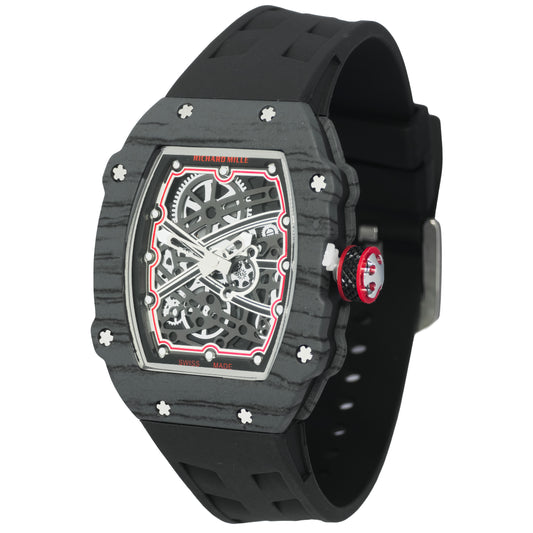 Black watch with a detailed face on a white background