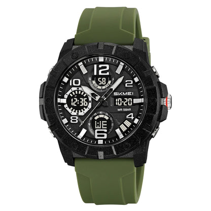 Green watch with black case and digital display on a white background