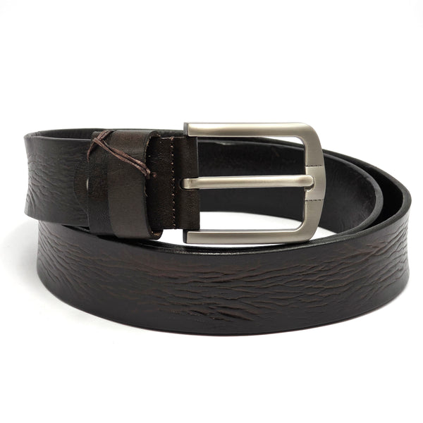Black leather belt with a silver buckle on a white background