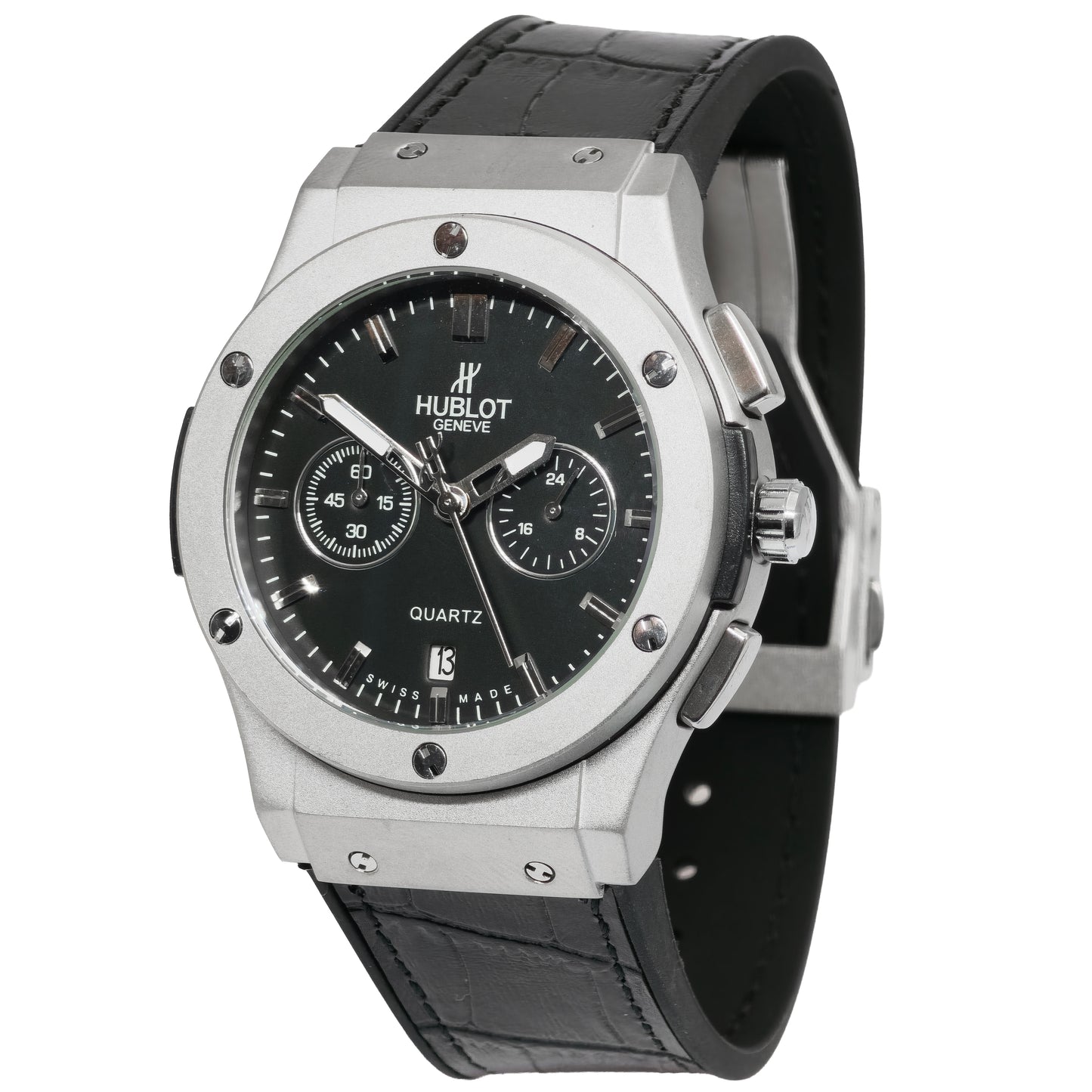 Hublot watch with black face and leather strap on a white background
