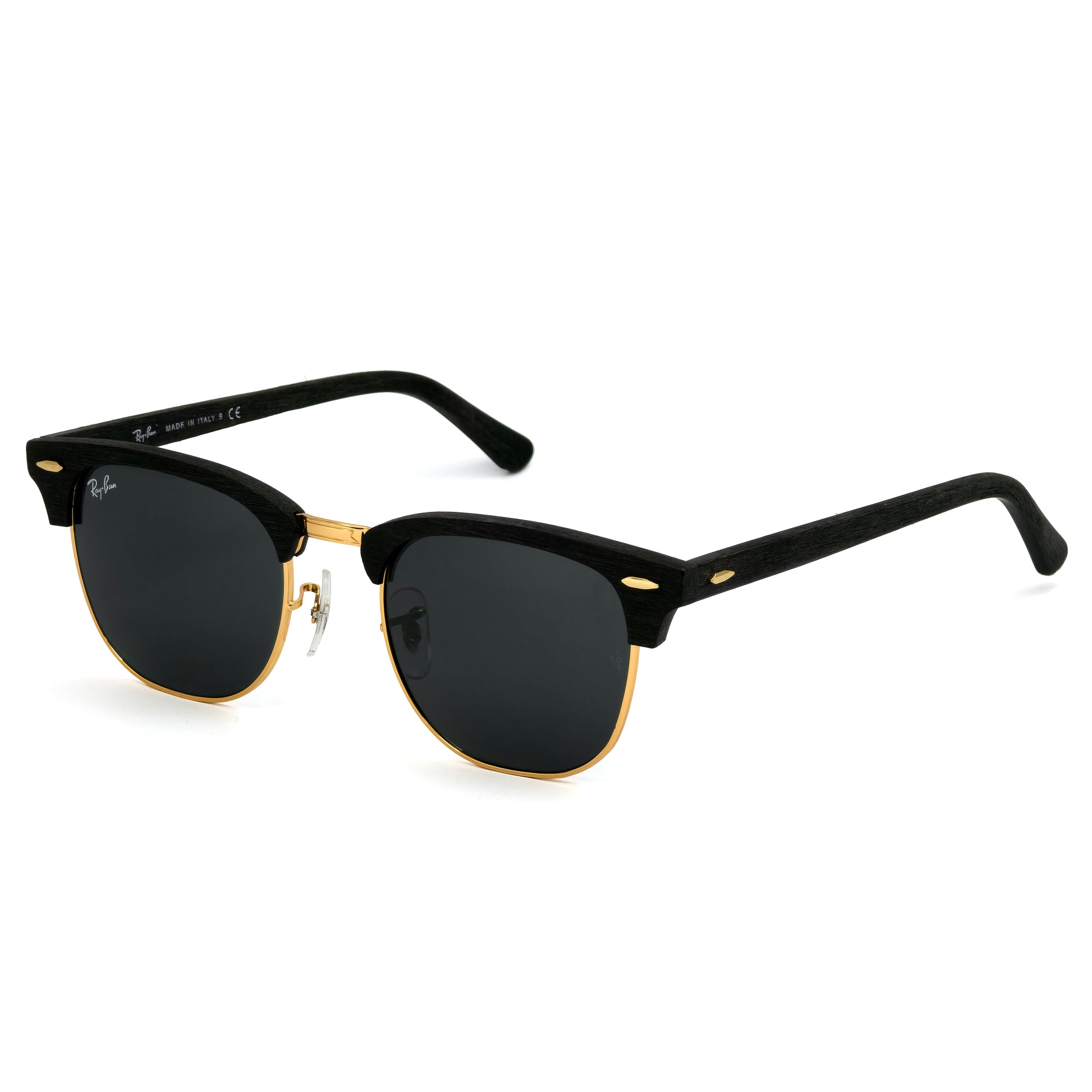 Black sunglasses with gold accents on a white background