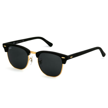 Black sunglasses with gold accents on a white background