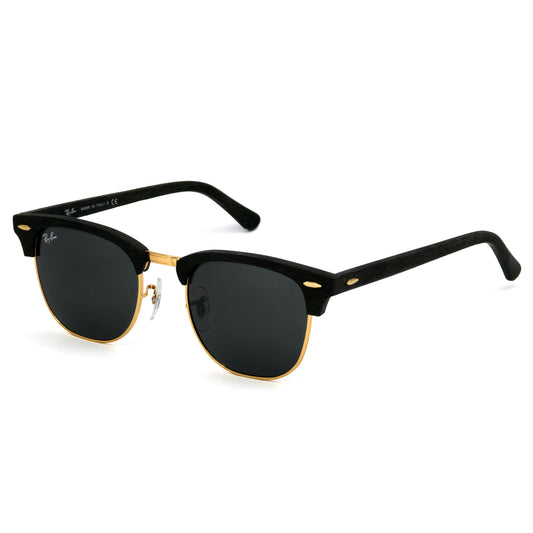 Black sunglasses with gold accents on a white background