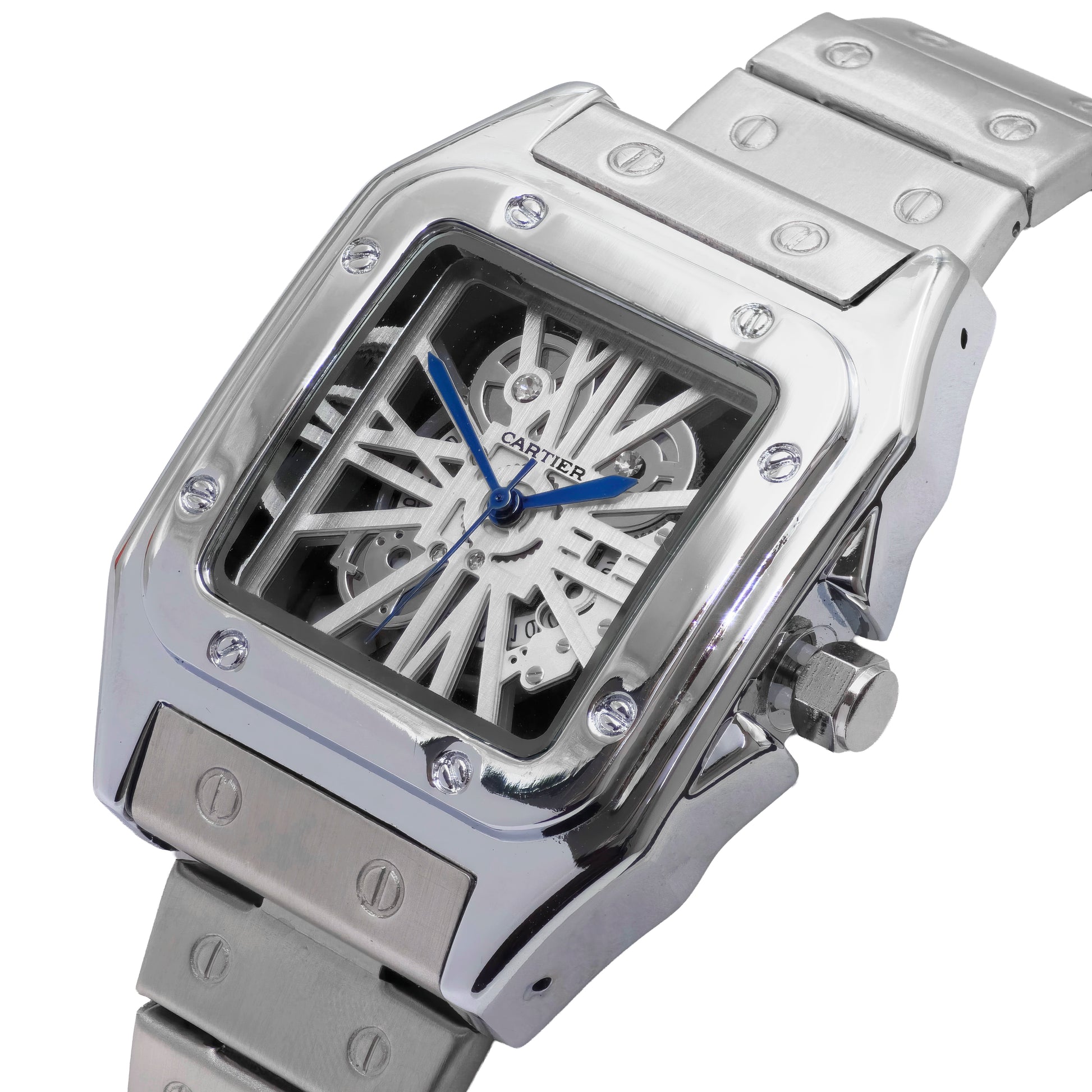 Silver Cartier watch with a detailed face on a white background