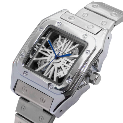 Silver Cartier watch with a detailed face on a white background