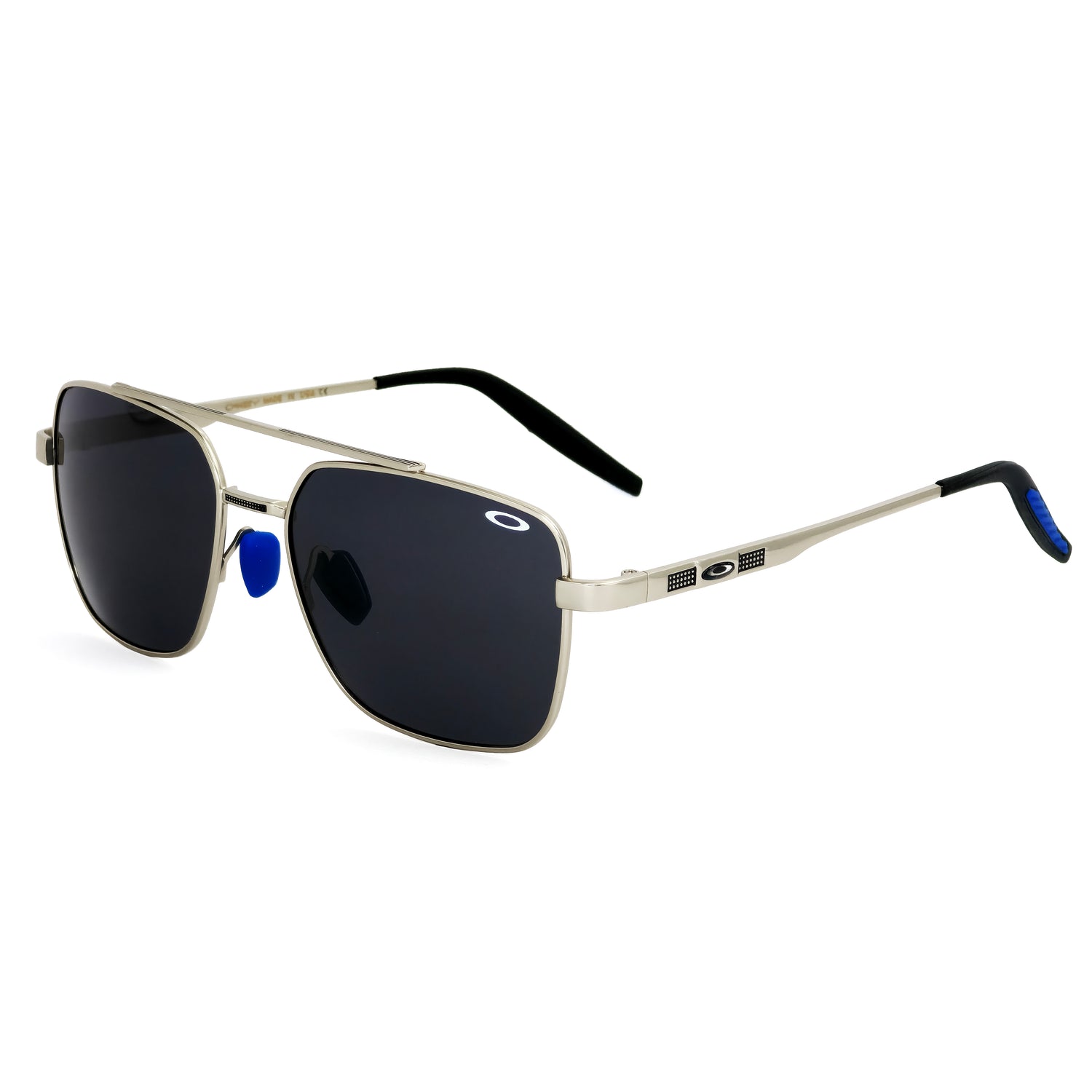 Sunglasses with metallic frame and dark lenses on a white background