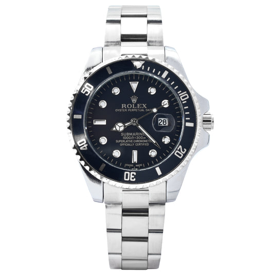 Rolex watch with black dial and silver metal bracelet on a white background