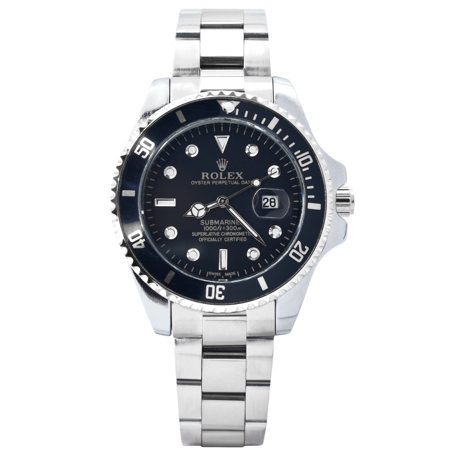 Rolex watch with black dial and silver metal bracelet on a white background