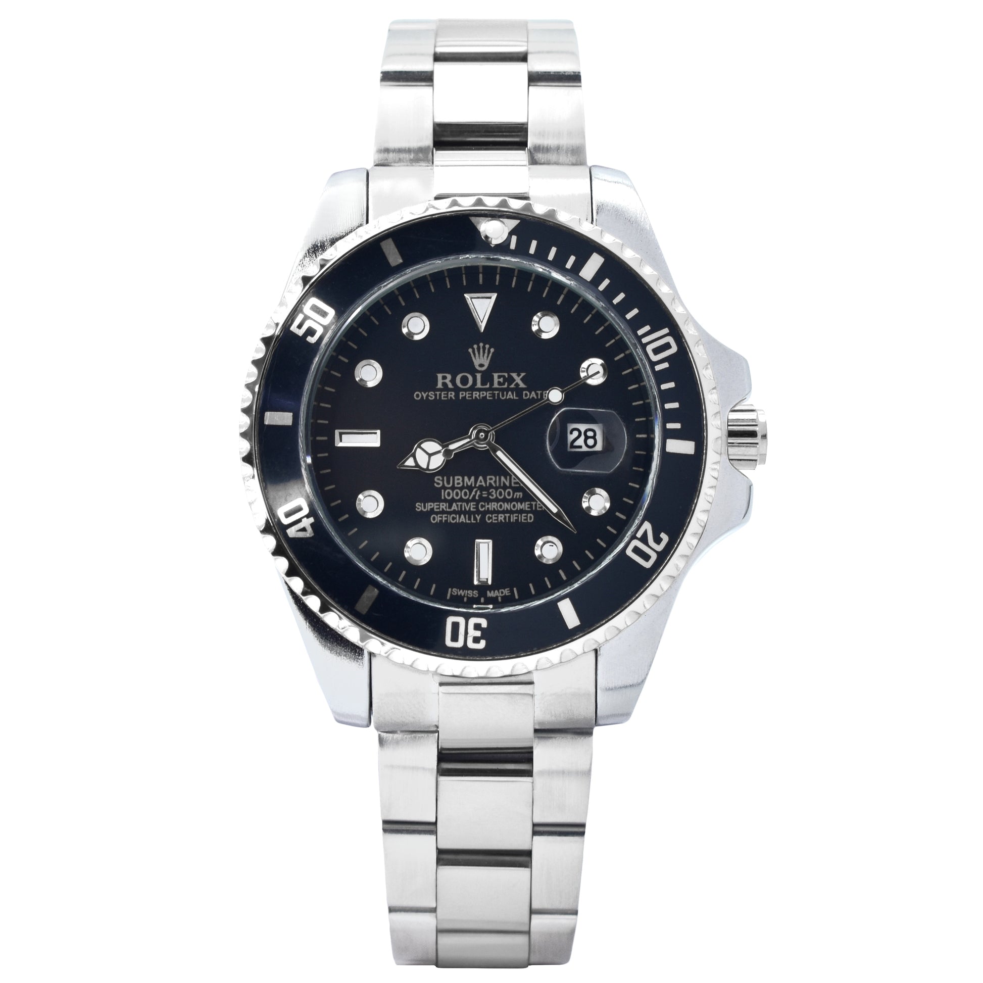 Rolex watch with black dial and silver metal bracelet on a white background