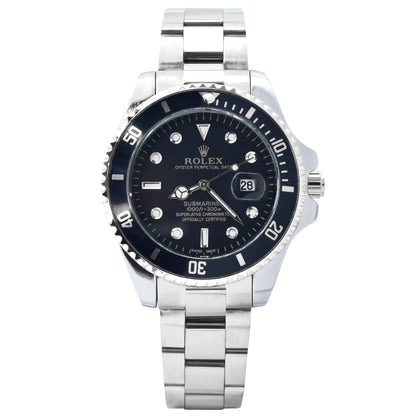 Rolex watch with black dial and silver metal bracelet on a white background