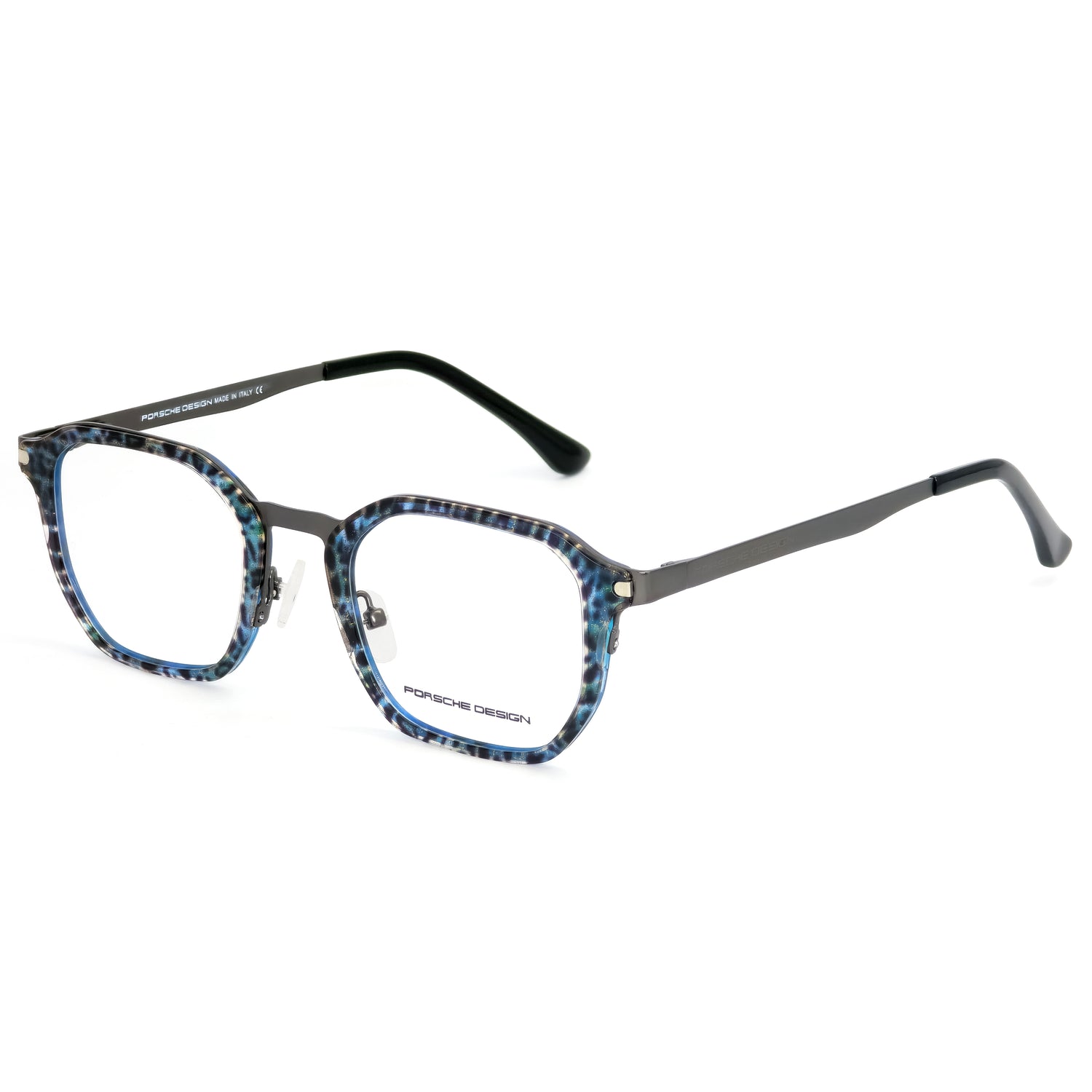 Eyeglasses with blue and black frame on a white background