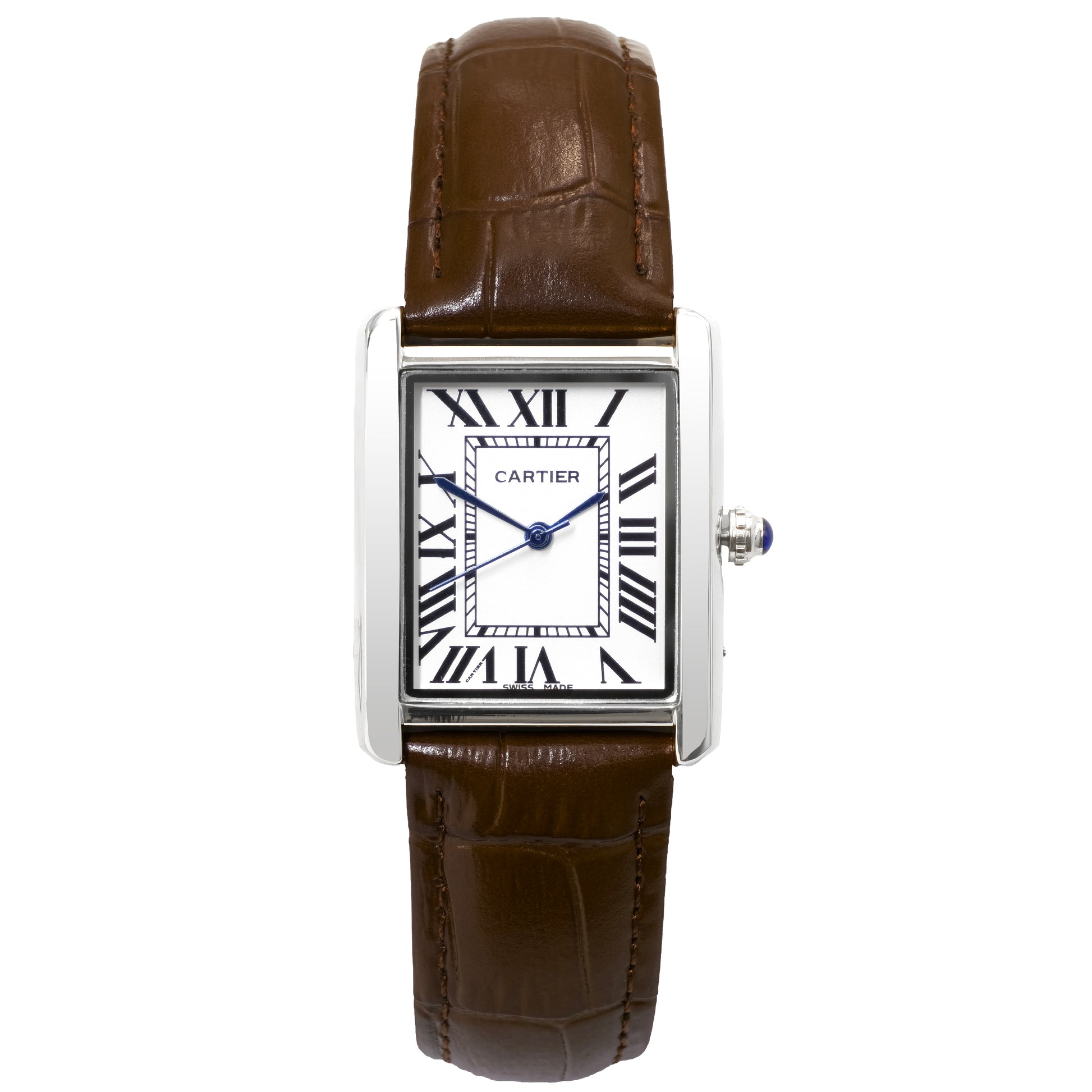 Cartier watch with brown leather strap on a white background