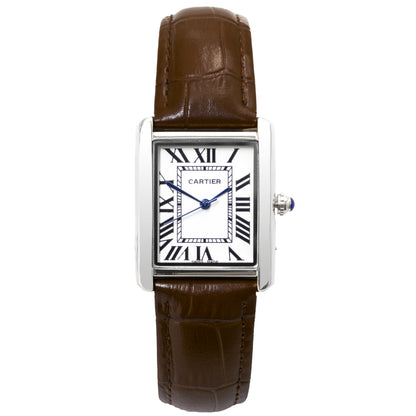 Cartier watch with brown leather strap on a white background