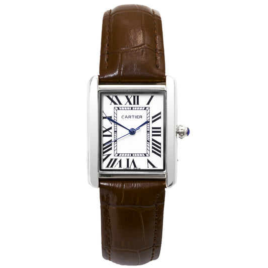 Cartier watch with brown leather strap on a white background