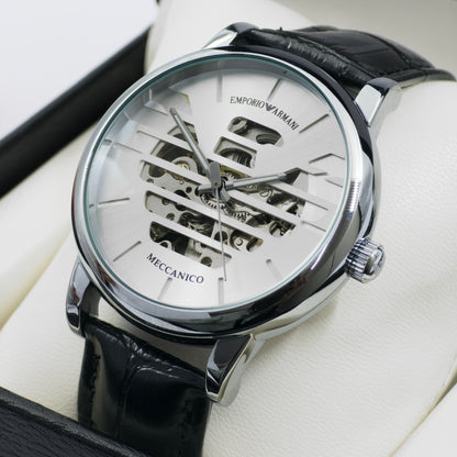Emporio Armani watch with black leather strap on a white background