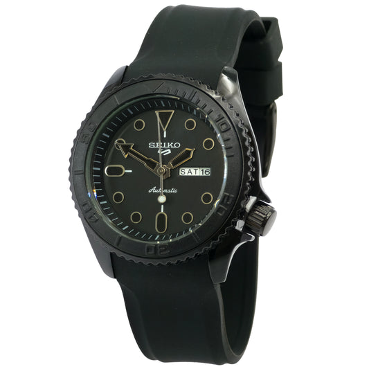 Black Seiko watch with a detailed face on a white background