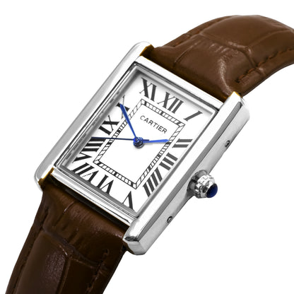 Cartier watch with brown leather strap and silver case on white background