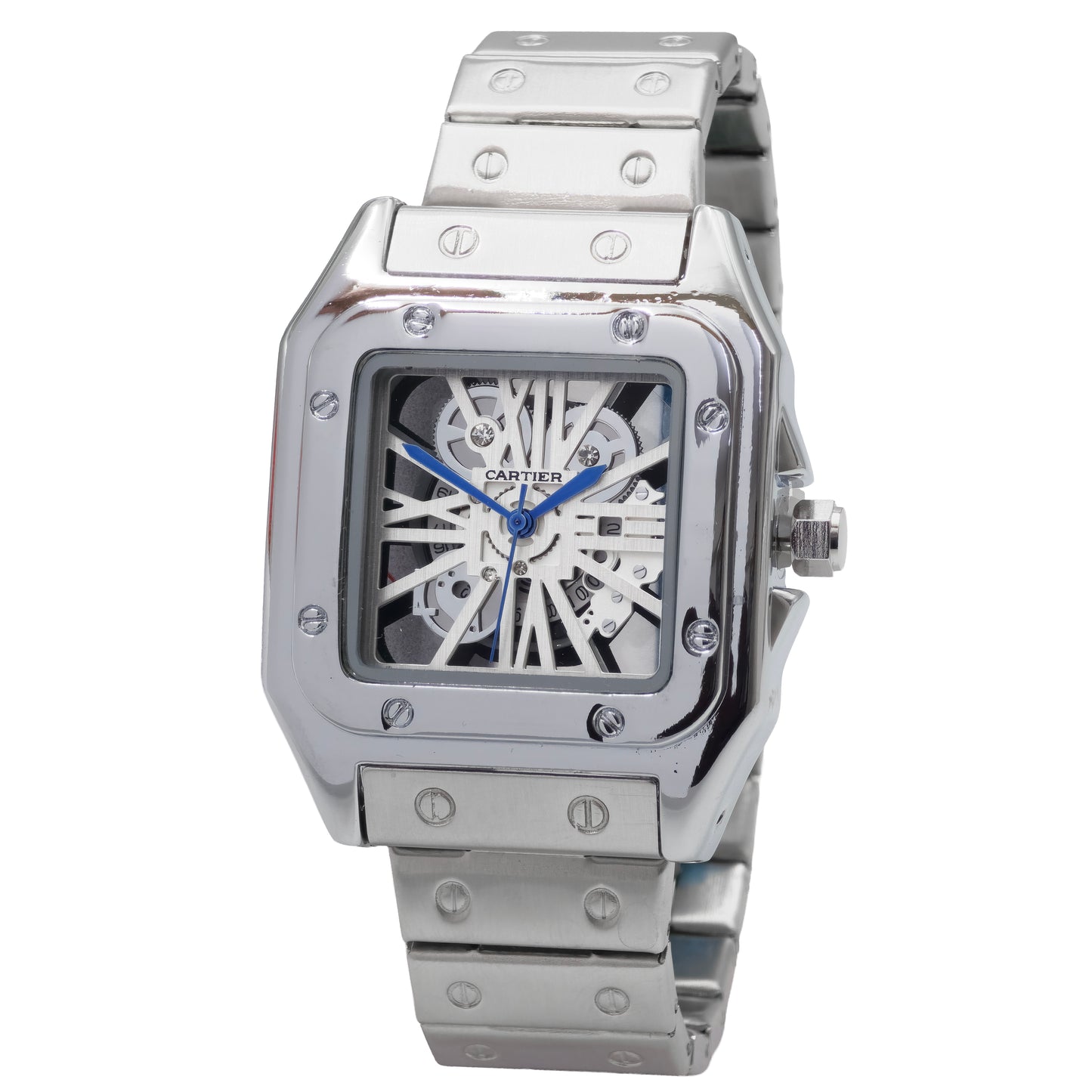 Silver Cartier watch with a detailed face on a white background