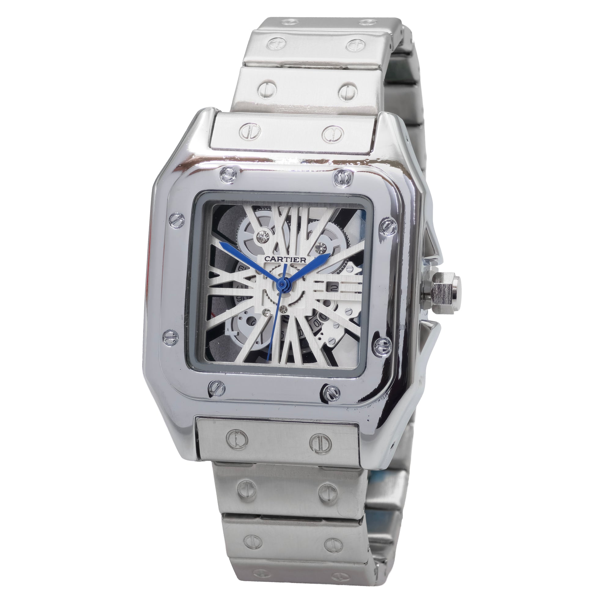 Silver Cartier watch with a detailed face on a white background