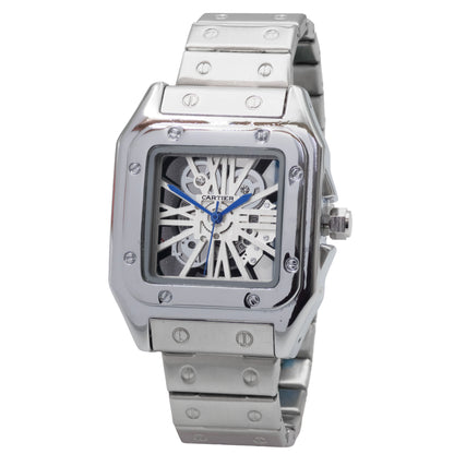 Silver Cartier watch with a detailed face on a white background