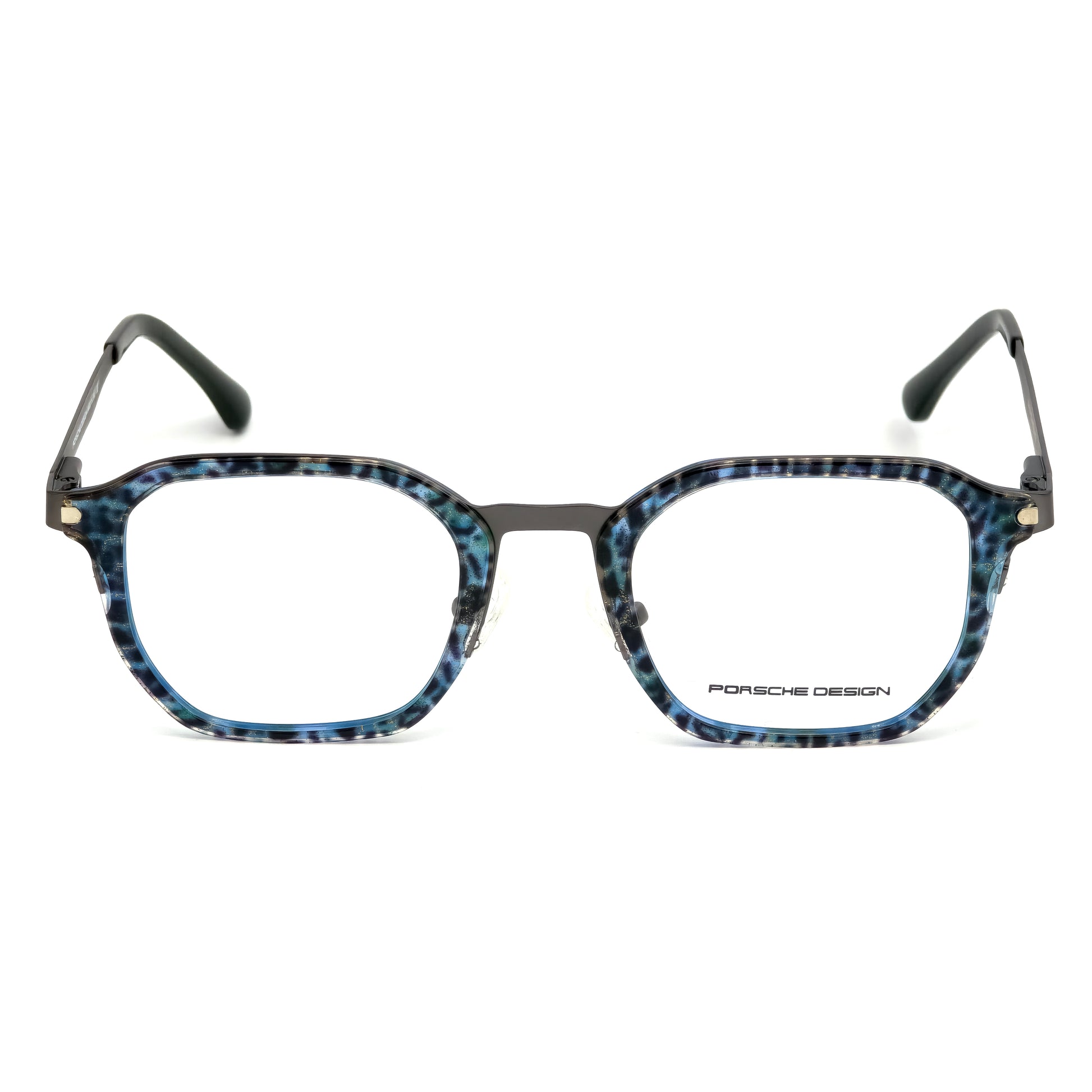 Blue and black patterned eyeglasses with Porsche Design logo on a white background