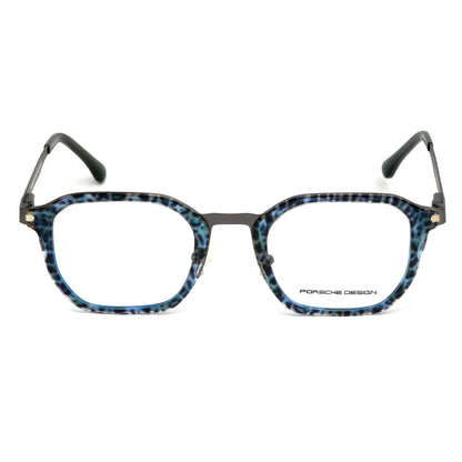Blue and black patterned eyeglasses with Porsche Design logo on a white background