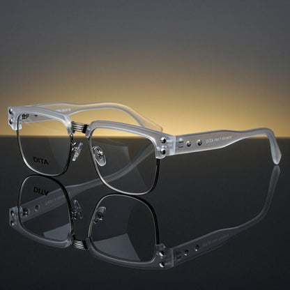 Clear eyeglasses with 'DITA' branding on a reflective surface with a gradient background.