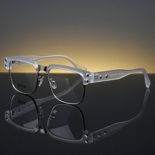 Clear eyeglasses with 'DITA' branding on a reflective surface with a gradient background.