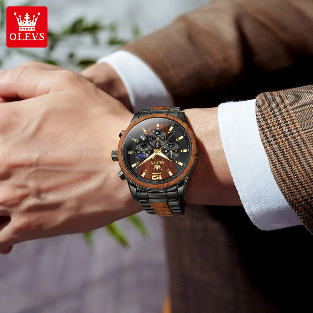 Close-up of a person wearing a wooden watch with OLEVS branding.