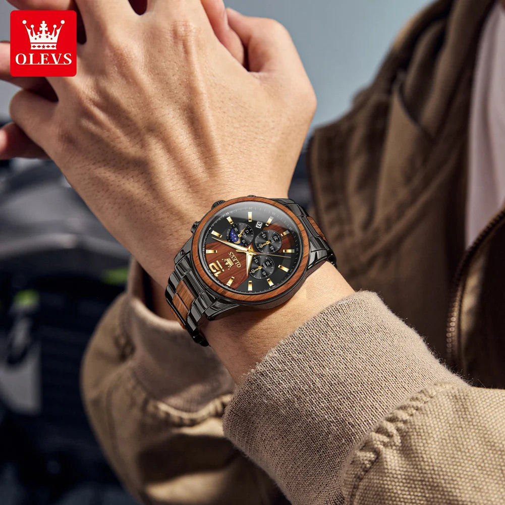 Person wearing a wooden watch with OLEVS branding in the corner.