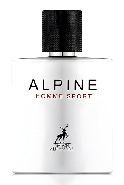 Perfume bottle labeled 'Alpine Homme Sport' by Maison Alhambra on a white background