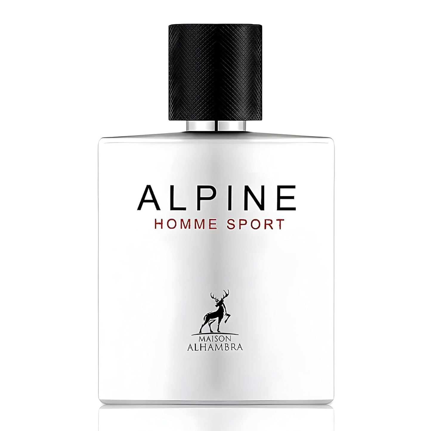 Perfume bottle labeled 'Alpine Homme Sport' by Maison Alhambra on a white background