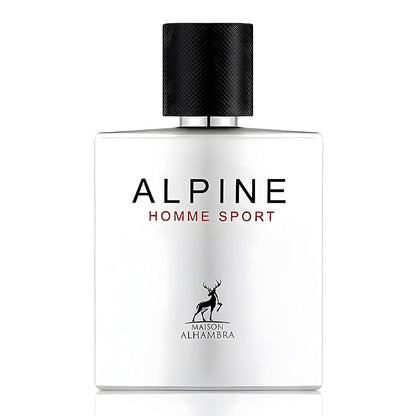 Perfume bottle labeled 'Alpine Homme Sport' by Maison Alhambra on a white background