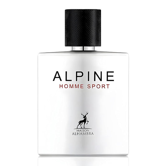 Perfume bottle labeled 'Alpine Homme Sport' by Maison Alhambra on a white background