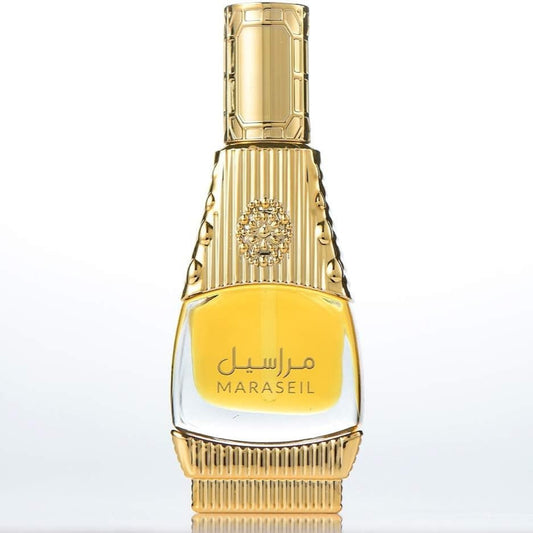Gold and clear perfume bottle with 'Maraseil' branding on a white background