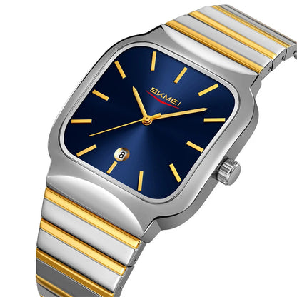 Wristwatch with blue dial and gold accents on a white background