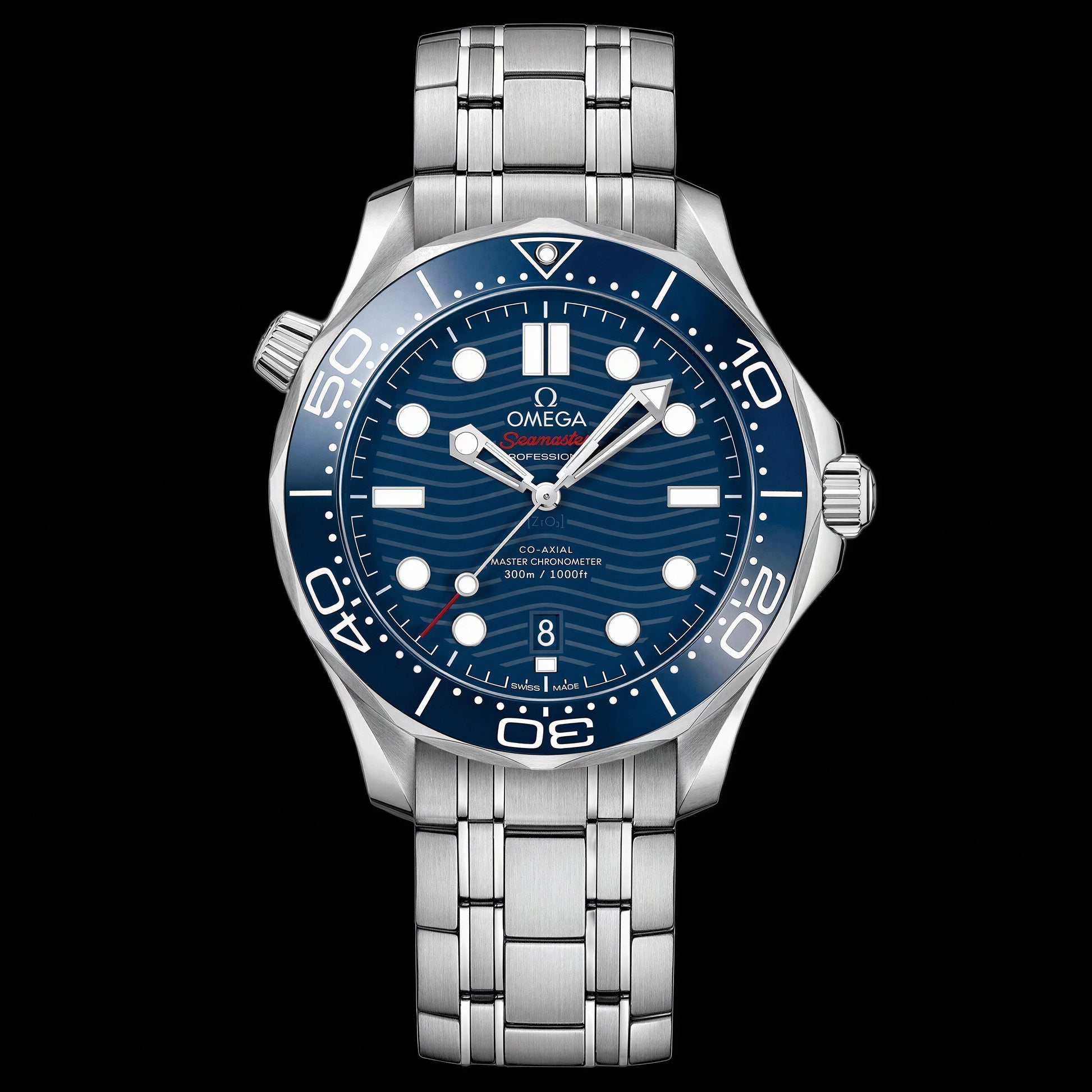 Omega watch with blue dial and silver bracelet on a black background
