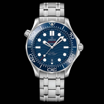 Omega watch with blue dial and silver bracelet on a black background