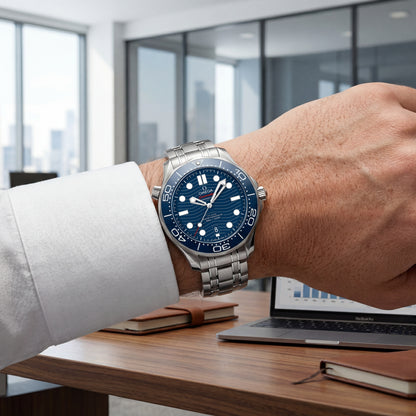 Person wearing a silver watch with a blue face in an office setting