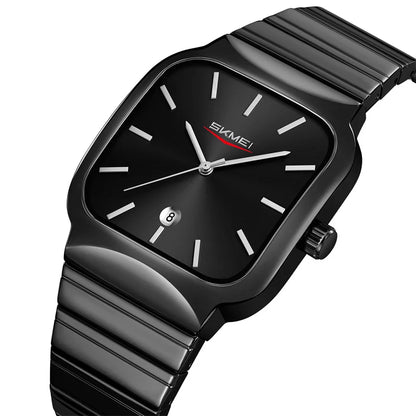 Black wristwatch with a square face on a white background