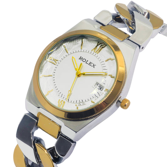 Rolex watch with silver and gold band on a white background