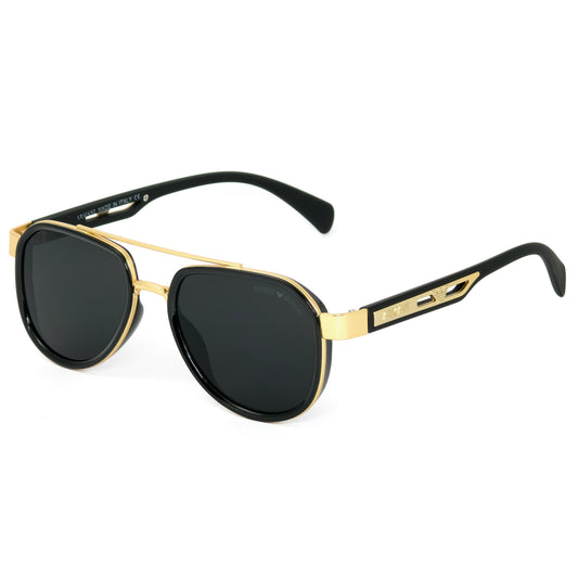 Sunglasses with black and gold frame on a white background