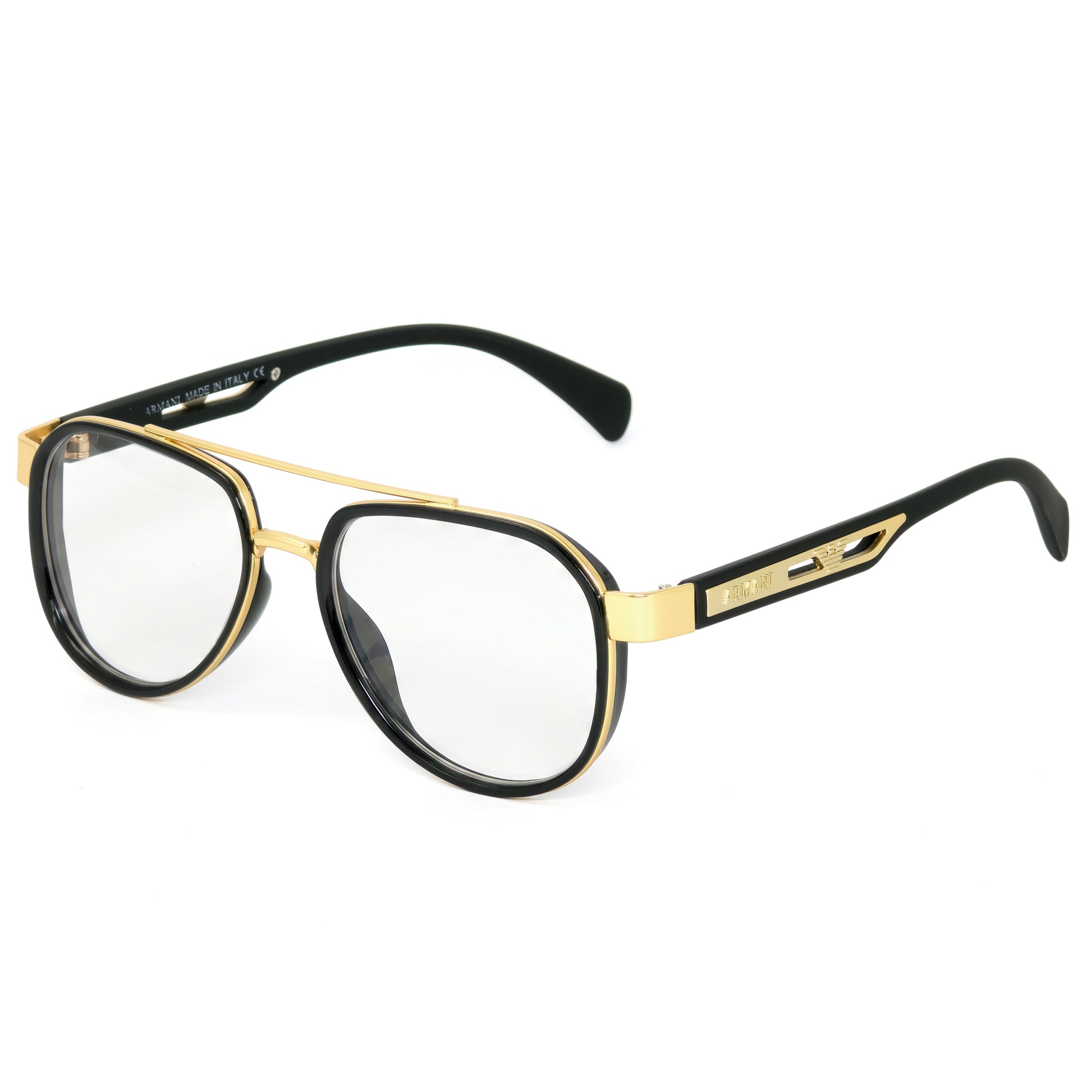 Gold and black eyeglasses on a white background