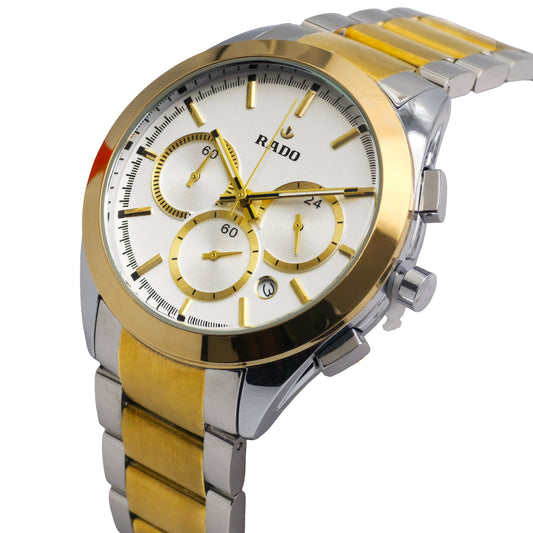 A RADO chronograph watch with a silver and gold-colored case, featuring a white watch face and a steel strap.