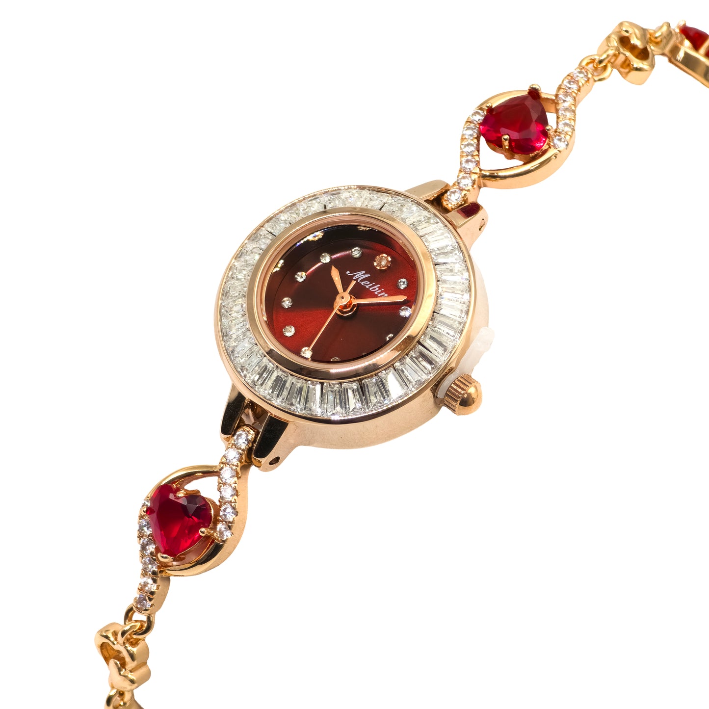 Gold watch with red gemstones on a white background