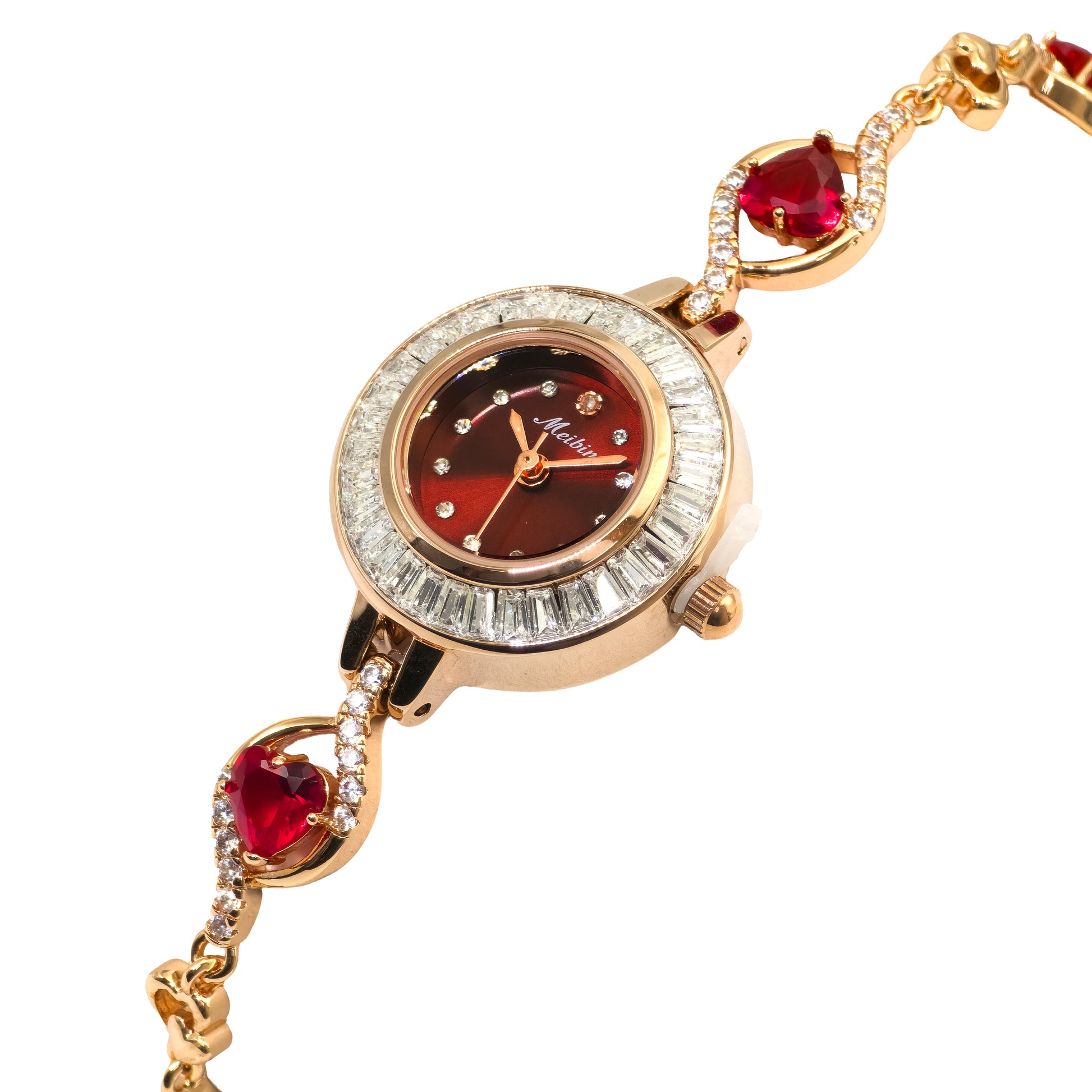 Gold watch with red gemstones on a white background