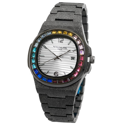 Luxury watch with a black band and colorful gemstones on a white background