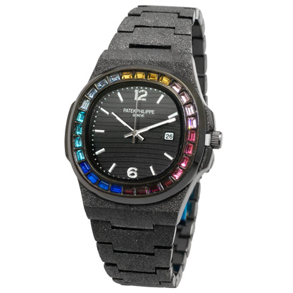 Luxury watch with black dial and colorful bezel on a white background