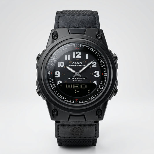 Black Casio watch with digital display on a light gray background