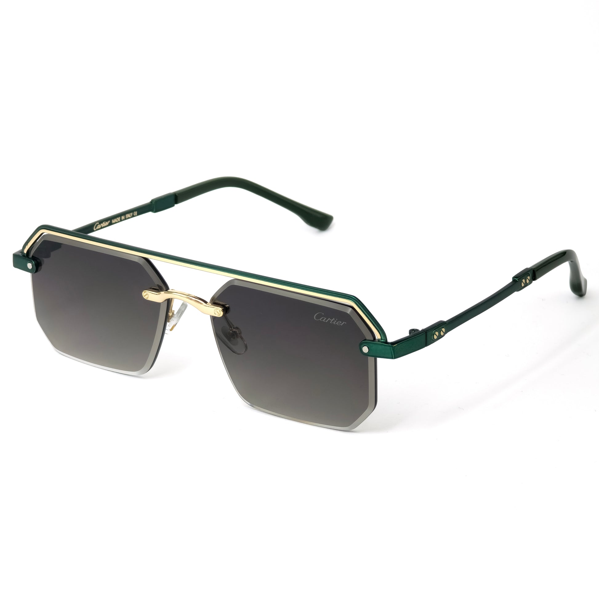 Sunglasses with green and gold frame on a white background
